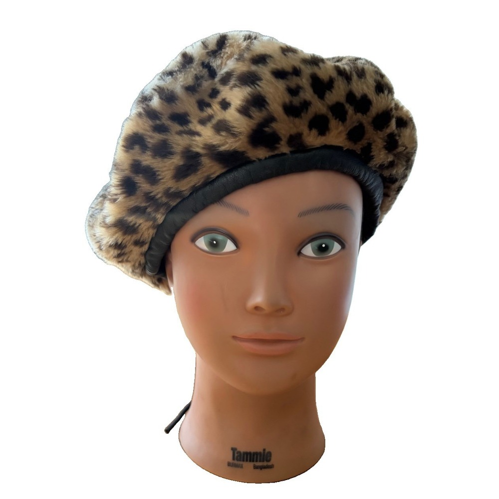 VTG 80s Leopard Print Faux Fur Beret Hat Women's Adjustable One Size Union Made